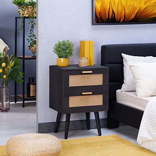 IDIMEX Table de Chevet WAMAN Petite Commode de Nuit avec 2 tiroirs, en Bois de Paulownia lasuré Noir et Lin Naturel, Style Vintage