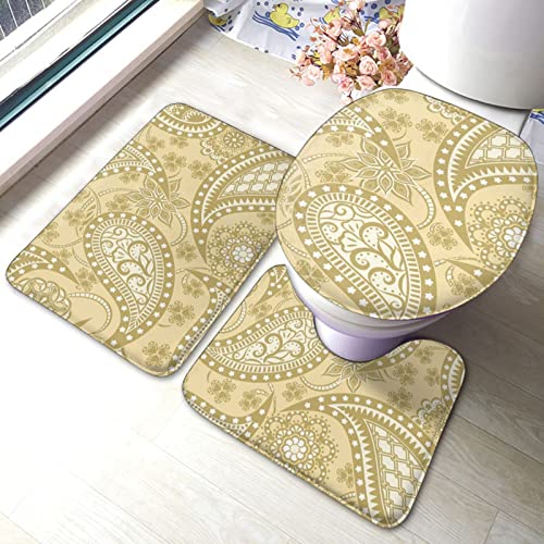 MBNGGAB Badematte + Konturmatte + Toilettendeckelbezug, Gold Paisley Muster 3 Stück Badematte Set, mit rutschfester Klebeunterseite