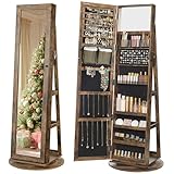 SONGMICS 360° Swivel Jewelry Cabinet, Lockable Jewelry Organizer with Full-Length Mirror, Rear Storage Shelves, Interior Mirror, Jewelry Armoire, Christmas Gifts for Women, Rustic Brown UJJC006X01