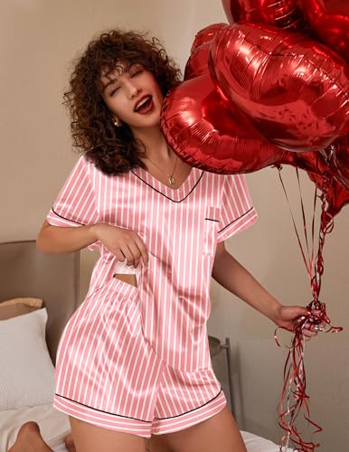 Image of Ekouaer Silk Pajama for Women Short Sleeve Satin Pj Set Two Piece Soft Sleepwear Loungewear S-XXL