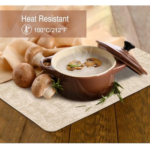 Faux Leather Placemats Set of 6, Heat Resistant Wipeable Washable PVC Place Mats, Reversible Waterproof Oil Proof Table Mats for Kitchen Dining Party Indoor Outdoor, 12" x 17", Beige