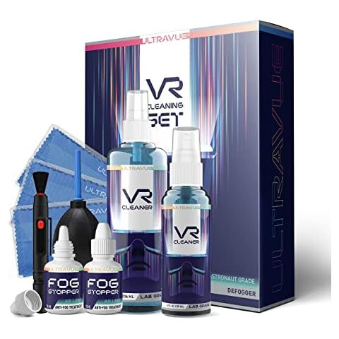 UltraVue VR Cleaning Kit and Anti-Fog Treatment - Includes VR Cleaner Gel Sprays, Microfiber Cloths, Anti Fog Drop Treatments, Brush and Air Bladder with Precision Nozzle Cover