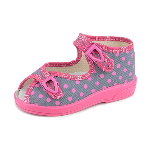 Lucja 1857 Toddler Girls' Pink Polka Dots on Gray Metal Cam Lock Buckle Natural Canvas Sandal