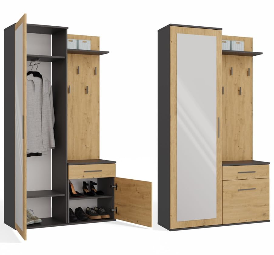 BDW Ensemble de porte-manteaux double avec miroir, armoire avec porte et tiroir, 5 crochets avec étagère, moderne, 180 x 100 x 35 cm (anthracite/chêne Artisan)