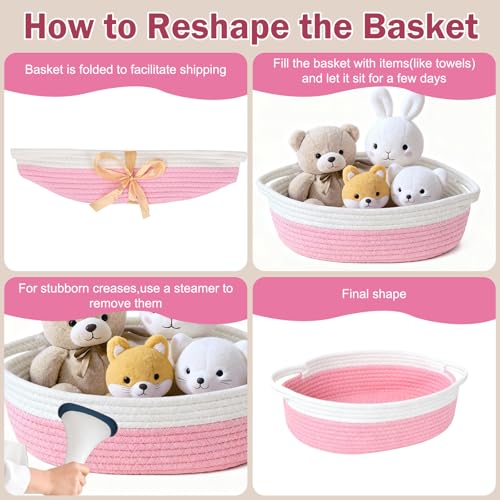 Image of Basket for Gifts Empty, Small Woven Basket with Bags and Ribbons, Baby Toy Baskets with Handles, Wicker Storage Bin for Baby Showers or Pet Toy (Pink, 1 Pack (12 inchx 8 inchx 3.74 inch))