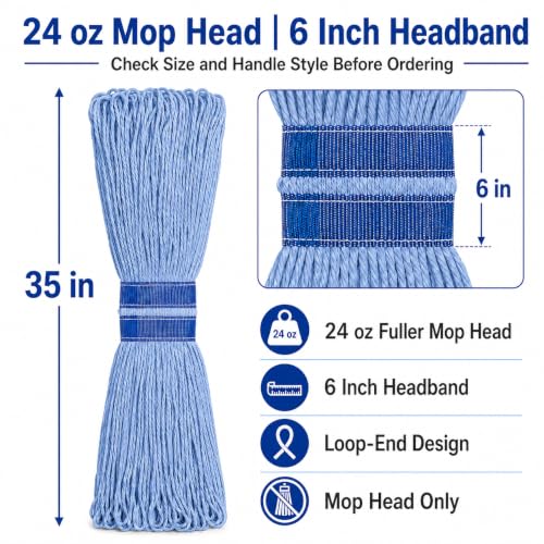 Image of 24 oz Loop-End Cotton String Mop Head, Heavy Duty String Mop Refills, 6 Inch Headband, Mop Head Replacement for Home, Industrial and Commercial Use (blue-6pc)