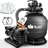 tillvex® Sandfilteranlage Pool 13.200L/h bis 40.000L + 1200g Filterbälle | Filteranlage 7-Wege Ventil & 2in1 Adapter Ø32-38mm | Poolfilter Selbstansaugend | Sandfilter Schwimmbecken (Schwarz)