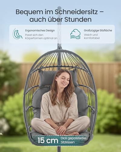 SONGMICS Hängesessel mit Gestell, Hängeschaukel Outdoor, Korbsessel, Korb klappbar und abnehmbar, Hängestuhl höhenverstellbar, Seitentasche, Kissen, Wohnzimmer Garten Balkon, grau GDC050GZ01 3