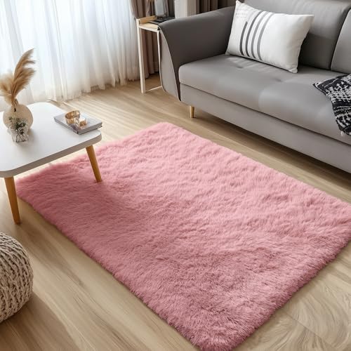 OLANLY 3x5 Machine Washable Small Bedside Rug, Soft Fluffy Shaggy Rugs for Living Room, Bedroom, Indoor Floor Carpet for Kids Girls and Boys, Preppy Dorms, Nursery, Home Decor Aesthetic, Pale Pink