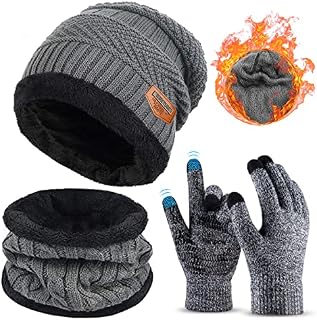 3 Pieces Winter Beanie Hat Scarf Set and Touch Screen Gloves Warm Thick Knit Fleece Lined Skull Cap Gifts for Men Women
