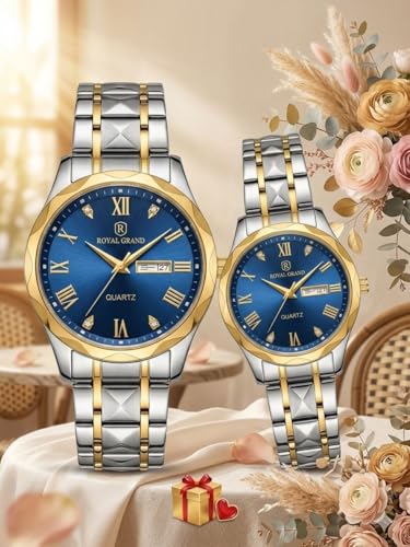 Image of MINI @ MAXX Unisex Adult Couple Watch Set His & Her Matching Watches with Luxury Diamond Accents-Two-Tone Silver Strap,Blue Dial Valentine's Day Stainless Steel Original Quartz Watch Lovers Set