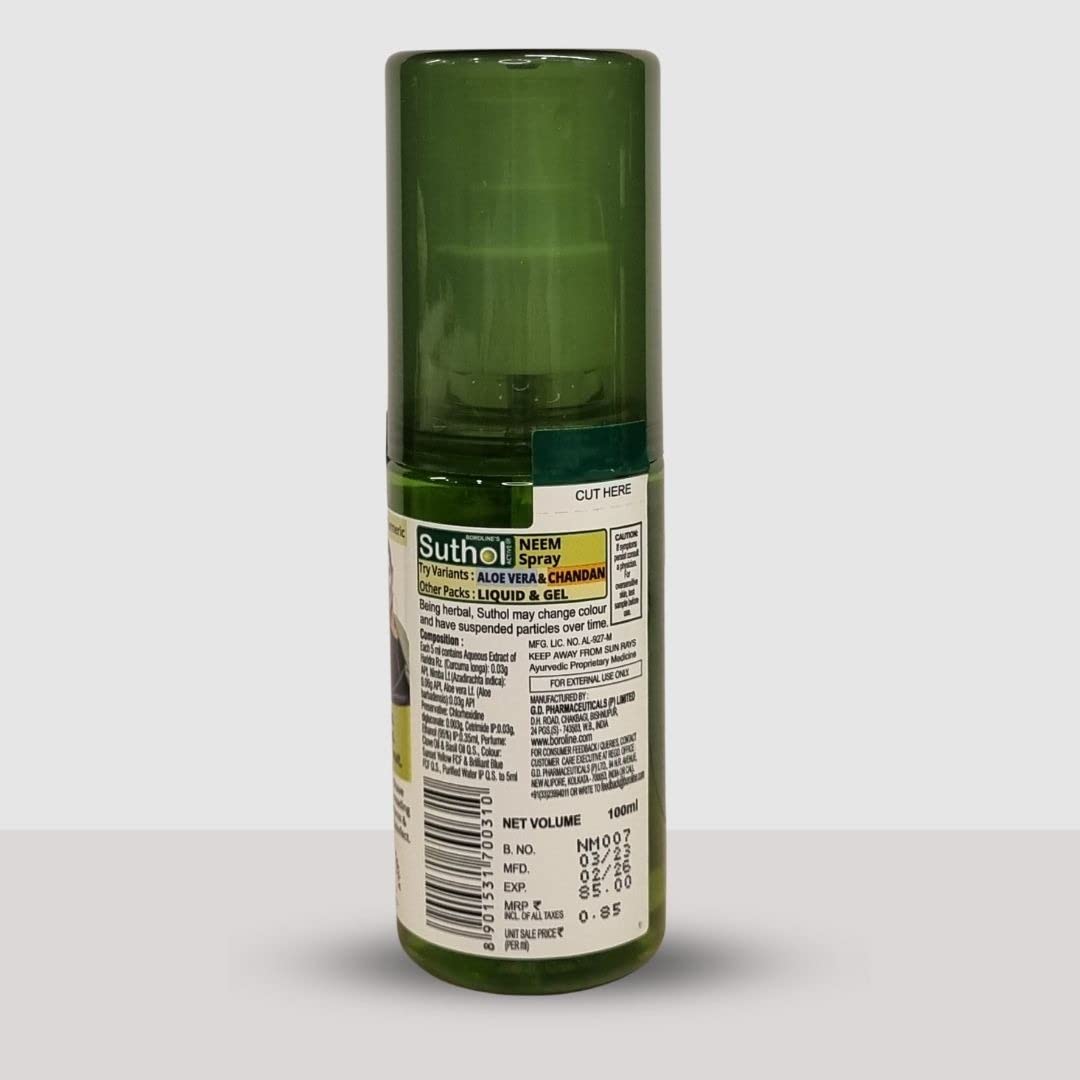 BOROLINE's Suthol Active Neem Gel 100 ml + Neem Spray 100 ml + Chandan + Aloe Vera | Stops Skin Irritations, Prickly Heat, Itching, Rashes (Pack of 4) - Image 6 thumbnail