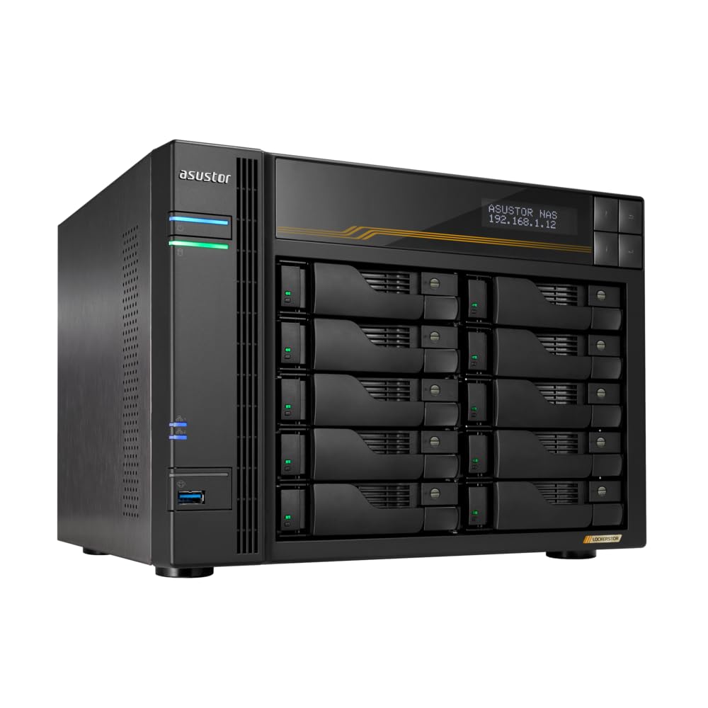 Asustor Lockerstor 10 Gen3 AS6810T 10 Bay NAS, AMD Ryzen Quad-Core 2.3 GHz, 16GB RAM ECC DDR5, 4 M.2 NVMe Slots, Dual 5GbE and Dual 10GbE Port, USB 4.0 Type-C, Network Attached Storage (Diskless)