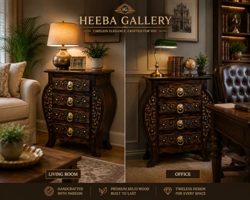Image of Wooden Stool-Natural Wood Antique Look Side Table with Two Drawer for Living Room (Brown, 14 x 14 x 21 inch) || AS(4D) (Four Drawer Antique Table)