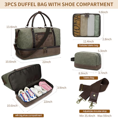 Duffle Bag for Travel: Weekender Overnight Bag Waterproof Waxed Canvas Vintage Duffel Bag with Shoe Compartment & 2 Packing Cubes, Heavy Duty Camping Flight Bags for Mens (Army Green)2