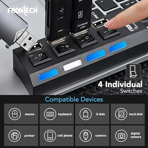 Image of Frontech 4-Port USB Hub with Individual On /Off Switches, LED Indicators, 40 cm Cable, Optional Power Input Port, Plug-and-Play Multi-Device Connectivity, Backed with 1 Year Warranty