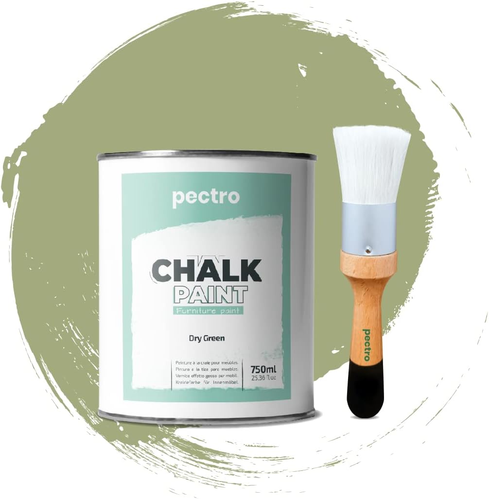 Chalk Paint for Furniture 25 fl.Oz. (750ml) + Special Chalk Paint Brush - Furniture Paint no Sanding or Priming - Chalk Finish Wood Paint - DIY Projects Home Decor & Improvement (DRY GREEN)