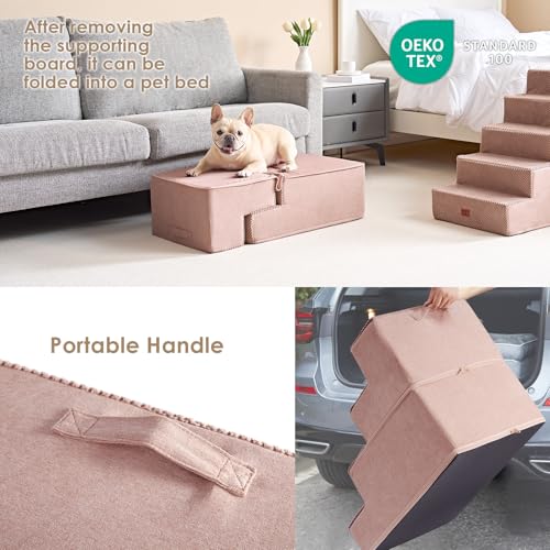 Image of EHEYCIGA Dog Stairs for Bed 18 inch H, 4-Step Dog Steps for High Bed, Pet Steps for Small Dogs and Cats, Non-Slip Balanced Pet Ramp Indoor, Pink