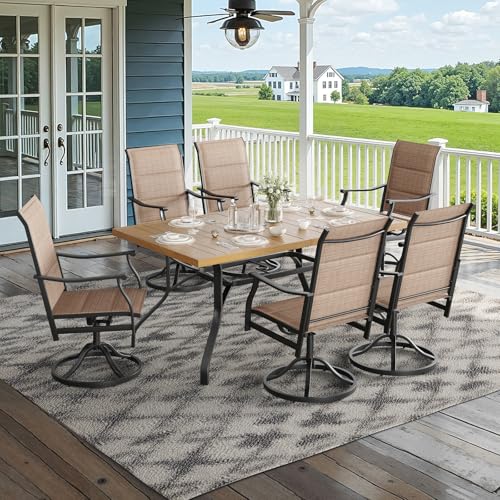 Image of Soohow Outdoor Dining Set for 6, 7-Piece Patio Table and Chairs Set, 6 x Swivel Patio Dining Chairs and 60 inchx35 inch Wood-Like Outdoor Table with 1.57 inch Umbrella Hole for Backyard, Poolside