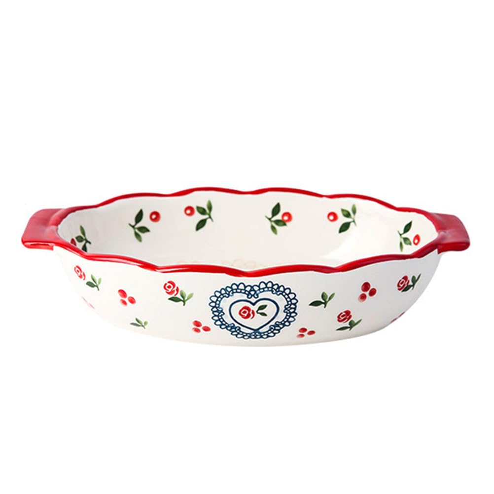 Dxcaicc Oval Lasagne Dish Red Cherry Fruit Unique Flower Design Handmade Decals Double-Ear Handle Design Exquisite Glaze Smooth Cheese Household Baked Tray,,Small