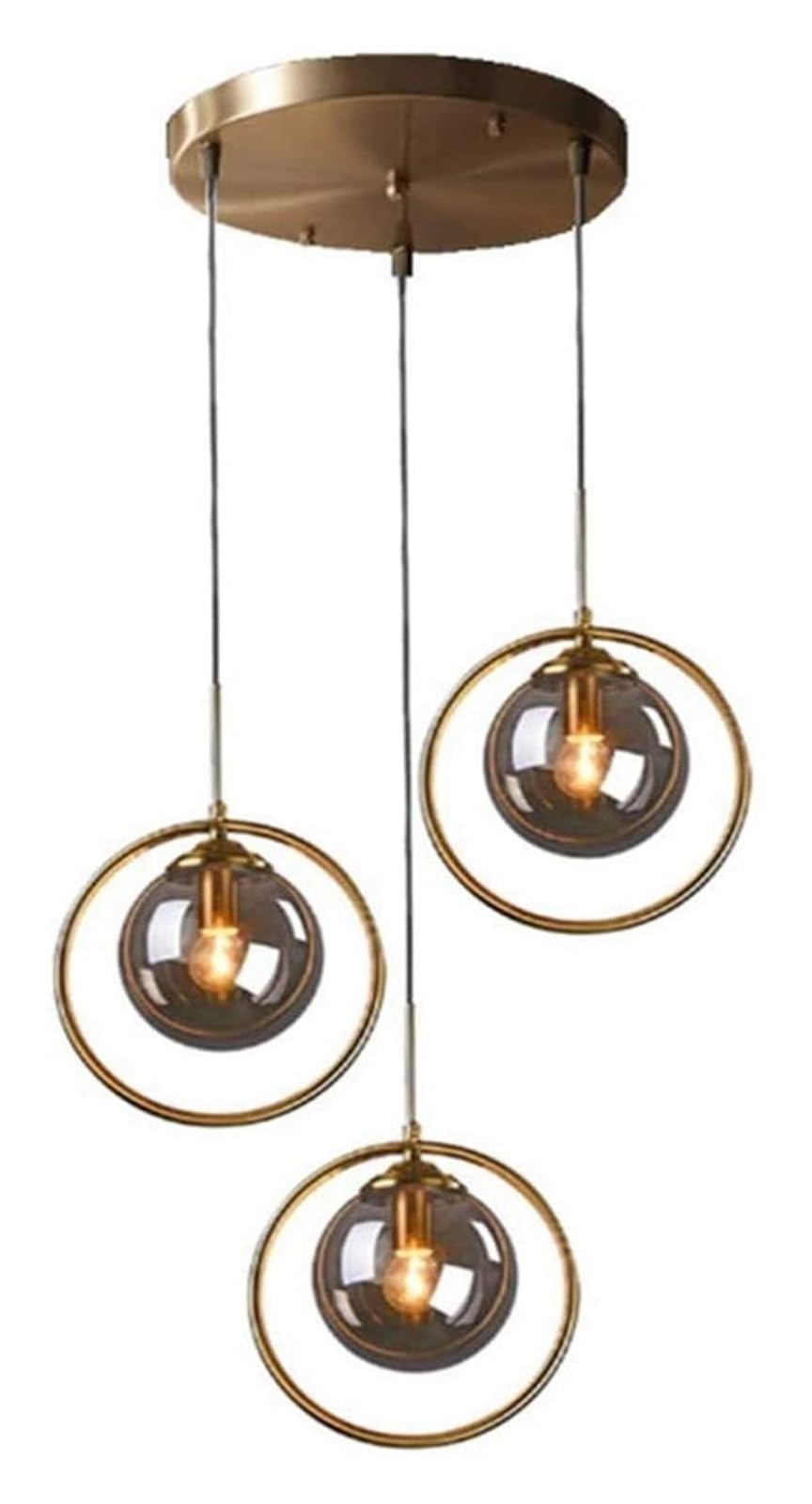 BLOOHK Modern Gold Ring Chandelier Smoky Gray Glass Globe Hanging Light 3-Light Round Cascading Pendant Light for Stairwell, Foyer, Entryway, Dining Room