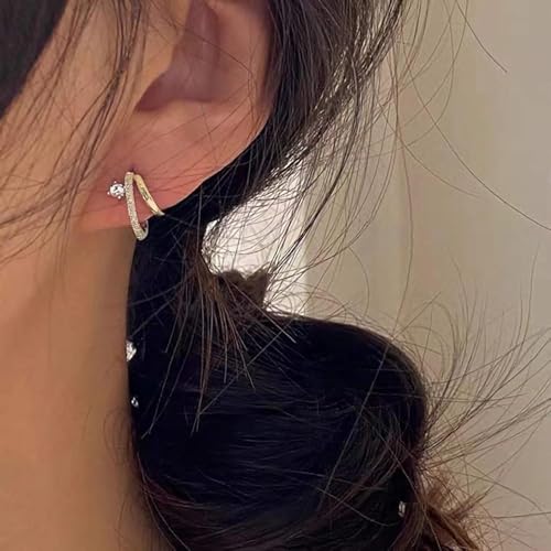 Gold Huggie Split Double Hoop Earrings for Women 14k Plated Gold 925 Sterling Silver Dainty White CZ Huggie Illusion Stud Earrings Oval Cuff Earrings to Daughter Birthday Christmas Wedding Gifts2