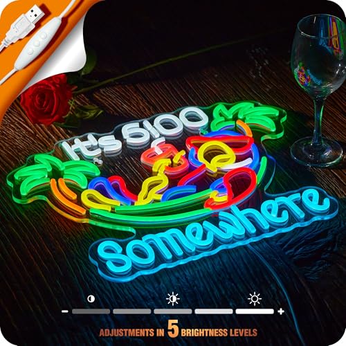 Image of Its 5 00 O'clock Somewhere Neon Sign Parrot Palm Tree Hammock It's Five Oclock Some Where Bar Beer LED Light Man Cave USB Powered Dimmable LED Sign (Green)