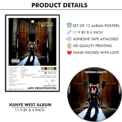 Image of Thepaper9store Pack of 12 - Kanye West Music Album Art Wall Posters 8.2x11.8 inch Adhesive Tape Attached Wall Decor, Music Poster, Wall Art For Bedroom, Living room, Office (Kanye West)