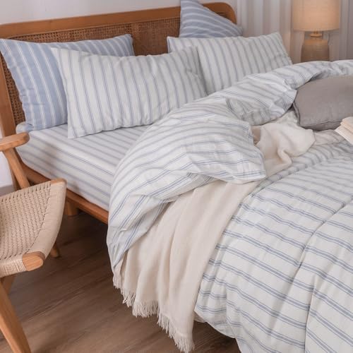 Image of BESTOUCH Cotton Striped Duvet Cover Set White Cornflower Blue Queen | Washed Cotton, Linen Feel, Soft Wrinkle Texture, Hidden Zipper, 8 Ties, Breathable Lightweight Durable Comfy, 3Pcs No Insert
