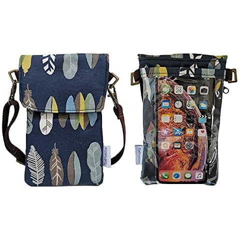 Tainada Crossbody Travel Phone Bag for Women, Small Shoulder Smartphone Touchscreen Wallet Purse Clutch Pouch w/Detachable Strap for iPhone 16/15 Pro Max; Google Pixel 9 (Feather Pattern Navy Blue) Cover