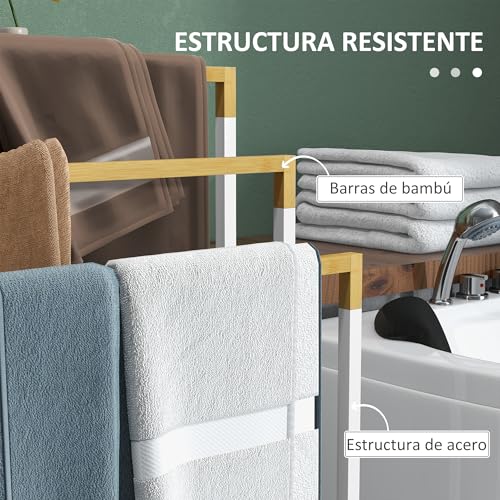 Miniatura 4 de Kleankin Toallero Escalera De 3 Niveles Toallero De Pie Con 3 Barras De Bambú Y Marco De Acero Toallero Para Baño Lavadero 45x22,5x86 Cm Blanco Y Natural