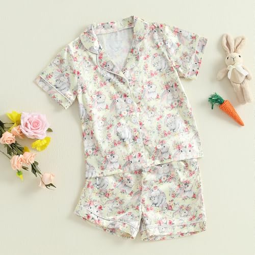 Kuriozud 4th of July Baby Girl Pajamas Silk Stain Pjs Summer Shirt Tops+Shorts 2Piece Set Toddler Kids Little Girl Sleepwear3