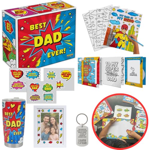 Best Dad Ever DIY Gift Set with Cards for Dad, Customizable Dads Birthday Gift from Kids, Includes 20oz Tumbler, Keychain, Greeting Cards, Photo Frame, Coloring Pages, Stickers Father’s Day Present