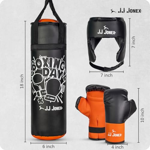 Image of JJ Jonex Sports Kids Boxing Punching Bag Set - Heavy Boxing Bag, Gloves, MMA, Home Gym & Martial Arts Training Equipment | for Boys & Girls for Age 3 4 5 6 7 8 Years | Black Color |