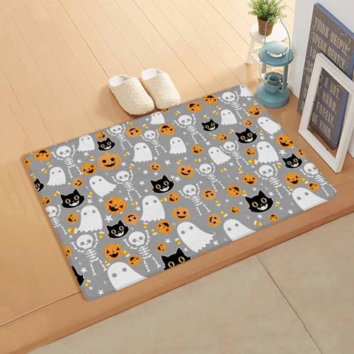 Yubilinco キッチンマット ハロウィン 幽霊 かぼちゃ 猫 グレー マット 合皮 踏み心地いい 撥水 直接拭ける 滑り止め付 保温 キッチン 台所 リビングルーム 部屋 玄関マット お手入れ簡単 直角長方形 丈夫 45×120cm