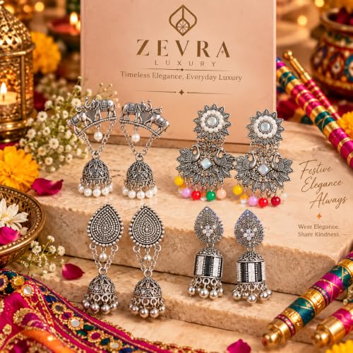 Image of Oxidised Desi-Vibes-jumka Earrings Combo Set for Women & Girls | 12 Pairs Traditional Boho Ethnic Earrings | Multicolour Beads & Pearl Drop Earrings | Indian Jewellery for Festive, Navratri & Ethnic Wear