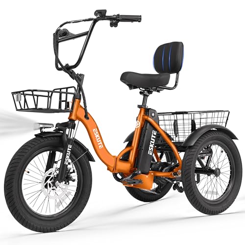 ESKUTE E Trike Electric Bike, Peak 1200W Brushless Motor Folding Trike 18X3.0 Fat Tire Ebike, 624Wh Battery, Step-Thru 3 Wheel Electric Bicycle, 55 Miles, 18MPH+ Tricycle for Adults Orange Classic