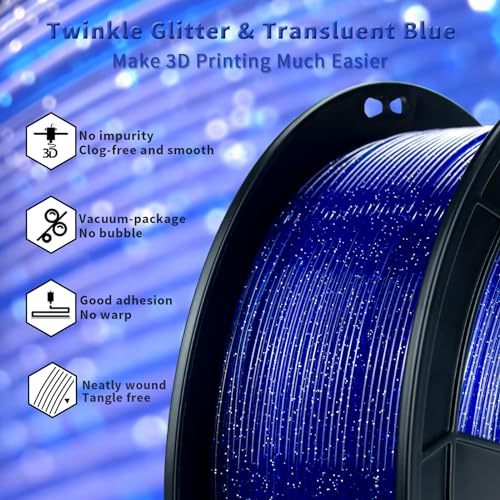 Image of ZIRO Glitter PLA Filament 1.75mm, Sparkle Translucent 3D Printer Filament, Twinkle Series 2.2lbs Spool, Neatly Wound, Fit Most FDM 3D Printers, Twinkling Blue
