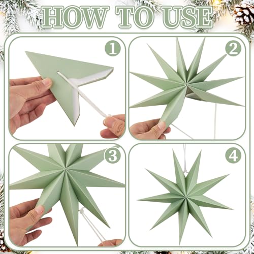 Image of SUNBEAUTY Sage Green 9-Pointed 12 Inch Paper Star Lanterns Christmas Hanging Lamp Paper Decorations Shade Wedding Birthday Christmas Home Party Decorations