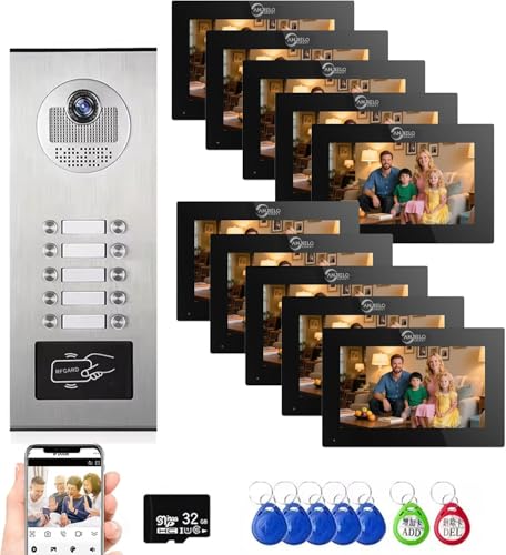 Videoportero para apartamentos con timbre HD 1080p, 2 pantallas táctiles de 7 pulgadas, detección de movimiento, audio bidireccional y compatible con Tuya Smart Home (1 timbre + 10 monitores negros)