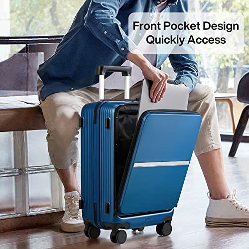 Image of Hanke 20 Inch Carry On Luggage Airline Approved Hard Shell Suitcases with Wheels & Front Pocket TSA Luggage Lightweight Carry On Suitcase for Travel Rolling Luggage for Woman Man, Blue, Carry On