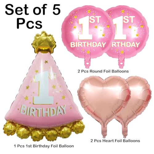 Image of Rozi Decoration First Birthday Decoration for Baby Girl Set of 5 Pcs | Happy Birthday Decoration Kit for 1 Year Girl | 1st Birthday Foil Balloon for Baby Girl | Princess Theme Birthday Decor