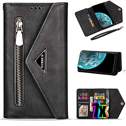 Vodico Samsung Galaxy S10 Wallet Case for Women/Girls with Card Holder, Leather Folio Flip Zipper Pocket Clutch Purse Folding Magnetic Clasp Full Body Shockproof Stand Phone Cover with Strap (Black)