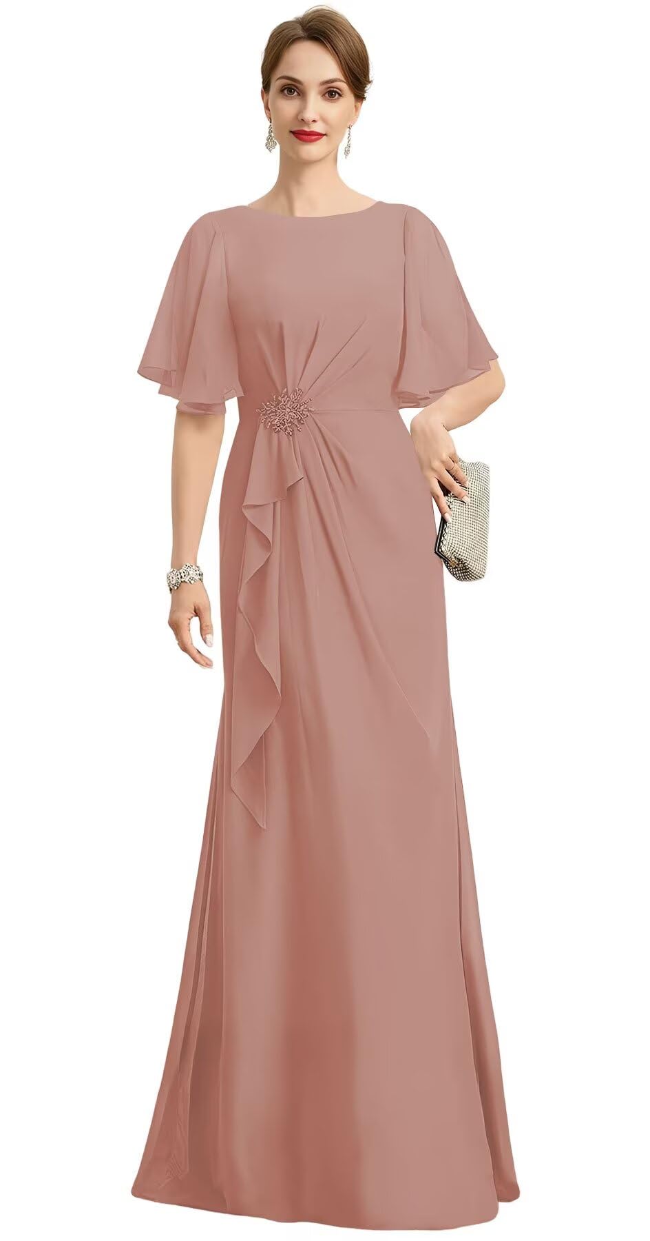 WENKAFO Chiffon Long Mother of The Bride Dresses for Wedding 2026 Ruffles Sleeves Beaded Formal Evening Gowns