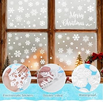 Christmas Snowflake Window Stickers - 157PCS Xmas Window Stickers Decorations, Reusable Double-Sided Static Christmas Clings, Winter White Merry Christmas Window Decals for Glass, Doors