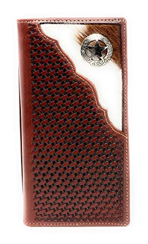 Texas West Men's Cow Fur Cowhide Genuine Leather Chrome Star Basketweave Bifold Wallet in 3 Colors (Brown)
