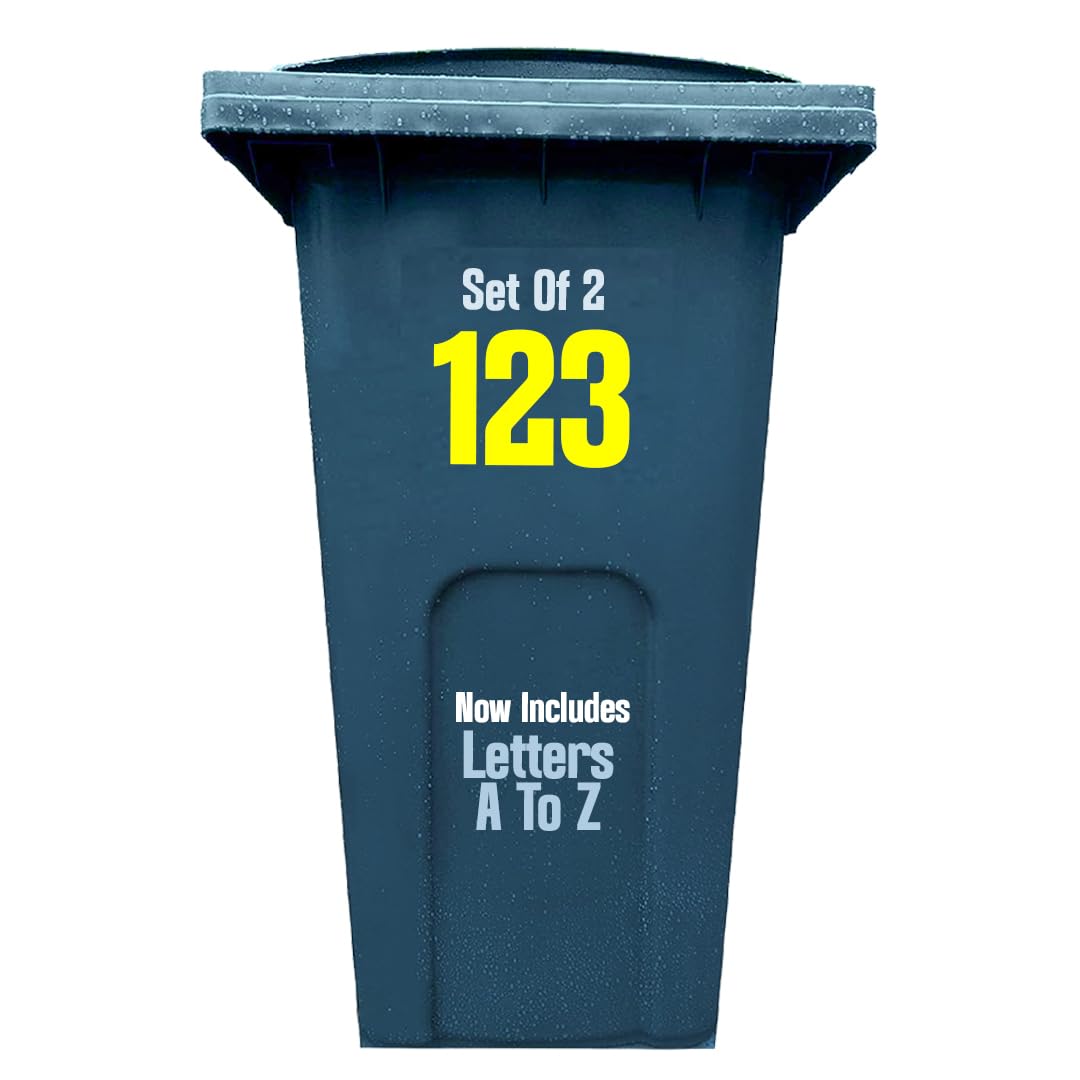 Personalised Wheelie Bin Numbers 1-999 (and/or. Letters A-Z) *2 SETS* (Up to 6 Stickers) Waterproof Vinyl Stickers - (High Visibility Yellow)