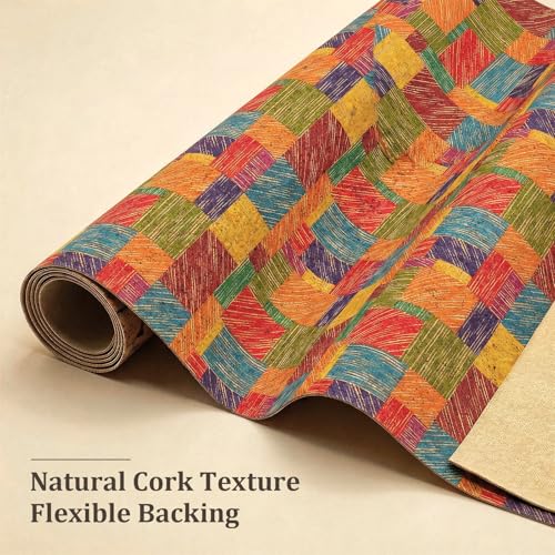 Image of SorenCut Cork Fabric Roll 12 x 52 Inch - Colorful Squares Print Cork Leather Fabric for Earrings, Bow Making, Bags, Wallets & DIY Sewing Projects - Vegan Leather Alternative Craft Sheet