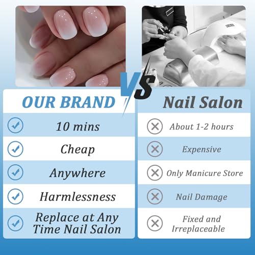 Zestaw 24 sztucznych paznokci do naklejania, press-on nails, jasnoróżowy gradient, kształt kwadratowy, french manicure, z naklejkami, dla kobiet i dziewcząt
