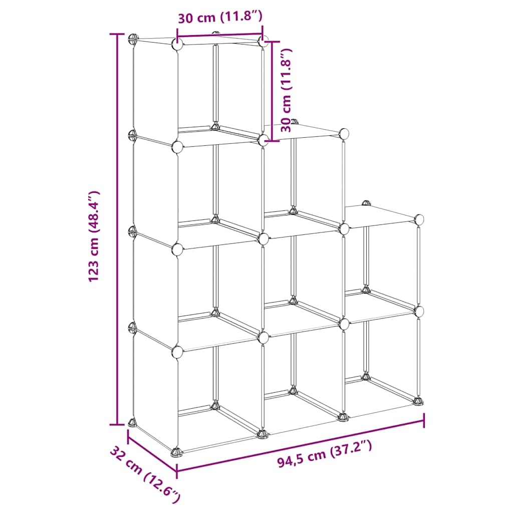 Estantería de 9 cubos modular de plástico PP para el hogar y la oficina, estantería con marco de acero, estante de almacenamiento como estantería de pie y divisor de espacios, color negro